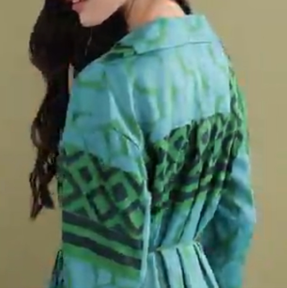 Mango | Green and Blue Wrap Dress with 3/4 Bishop Sleeves for Cocktail - Picture 4 of 14